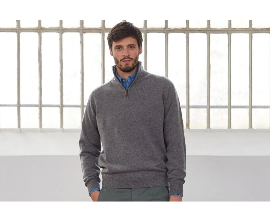 Pull Col Zippé Homme Laine Gris Chiné - KENNETH 3 Pull Col Zippé Homme Laine Gris Chiné - KENNETH