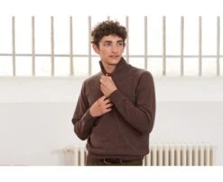 Pull Homme Laine Col Zippé Marron Brun - KENNETH