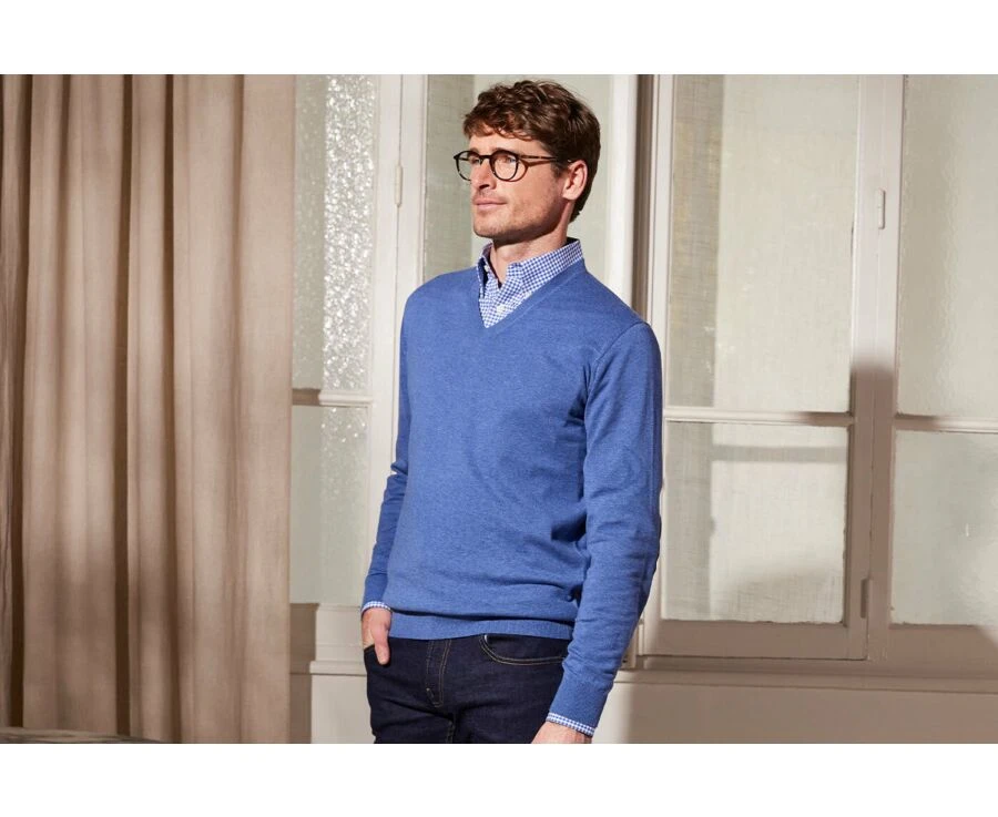 Pull Fin Coton Bio/cachemire Col V Bleu - VADIM 5 Pull Fin Coton Bio/cachemire Col V Bleu - VADIM – Image 3