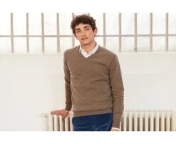 Pull Col V Homme Laine Gris Taupe Chiné - ELIAN