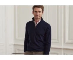 Pull Col Zippé Homme Fin Coton Bio/cachemire Navy - VLAD