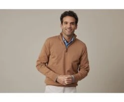 Pull Fin Homme Coton Bio/cachemire Col Zippé Marron Chiné - VLAD