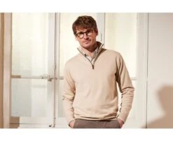 Pull Col Zippé Homme Fin Coton Bio/cachemire Beige Chiné - VLAD