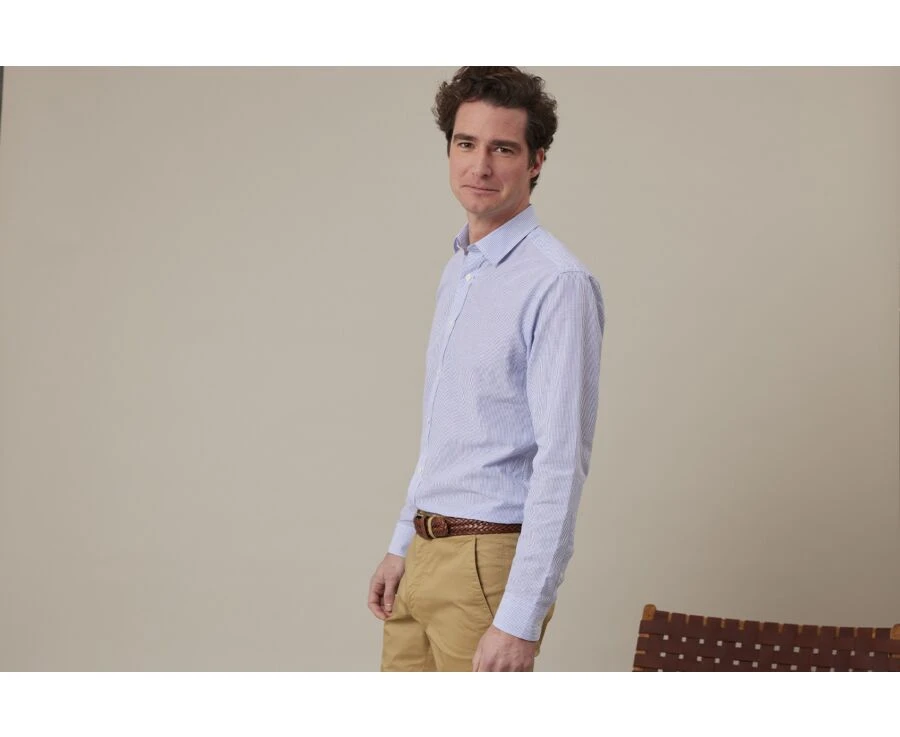 Chemise Coton Et Lin Bleu Océan Et Liseré Blanc - EDIBERT 5 Chemise Coton Et Lin Bleu Océan Et Liseré Blanc - EDIBERT – Image 3