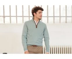 Pull Col Zippé Homme Laine Vert Eucalyptus - KEITHY