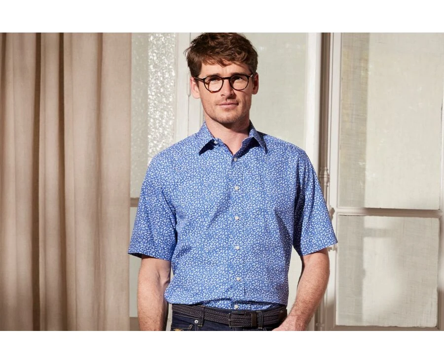 Chemise Coton Bleue Imprimée Fleurs Blanches - FLORANTIN MC 3 Chemise Coton Bleue Imprimée Fleurs Blanches - FLORANTIN MC