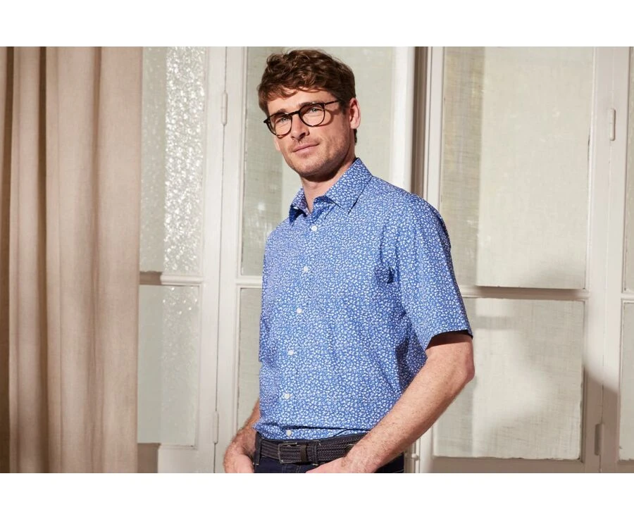 Chemise Coton Bleue Imprimée Fleurs Blanches - FLORANTIN MC 5 Chemise Coton Bleue Imprimée Fleurs Blanches - FLORANTIN MC – Image 3