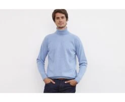 Pull Laine Col Roulé Homme Bleu Chiné - EMERSTON