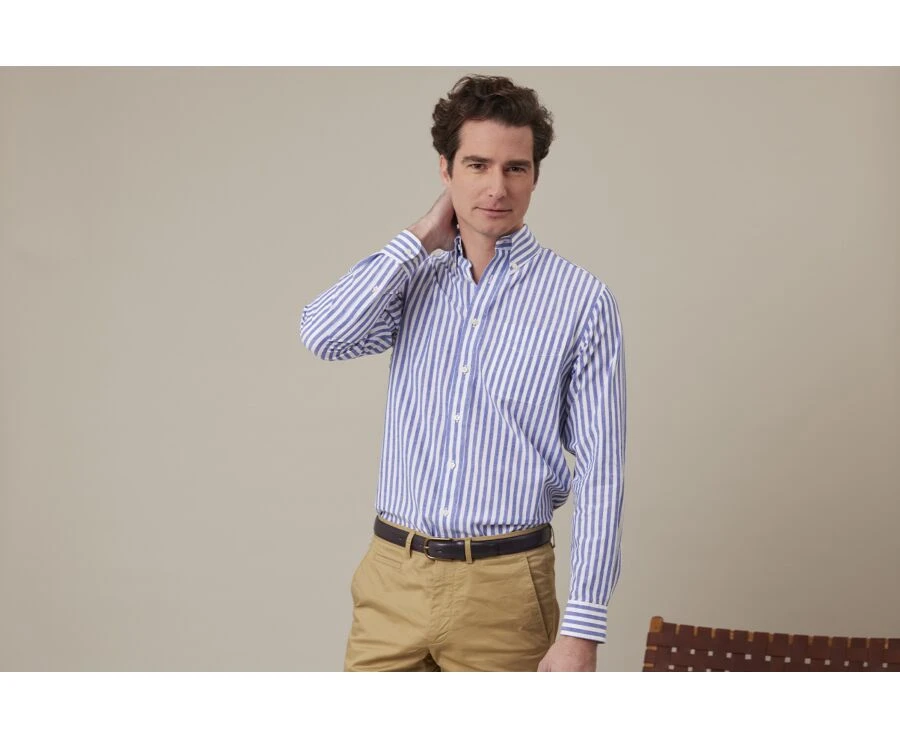 Chemise Manches Longues Coton Et Lin Bleu Océan Et Blanc - COLTEN 3 Chemise Manches Longues Coton Et Lin Bleu Océan Et Blanc - COLTEN