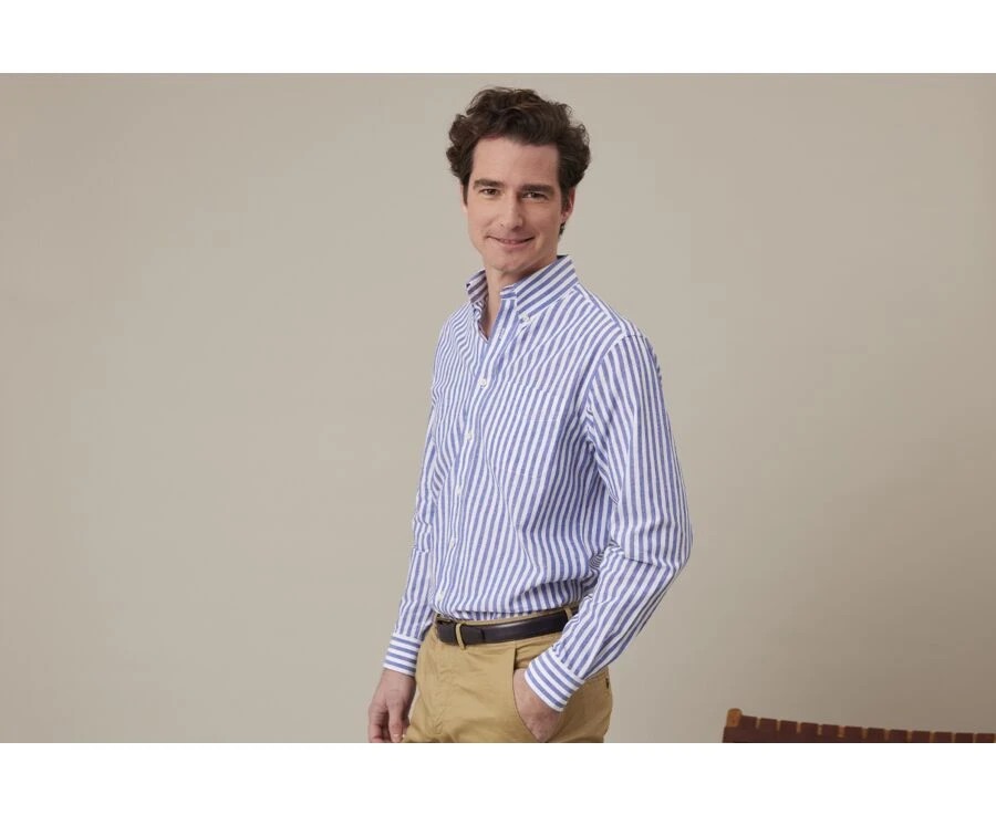 Chemise Manches Longues Coton Et Lin Bleu Océan Et Blanc - COLTEN 5 Chemise Manches Longues Coton Et Lin Bleu Océan Et Blanc - COLTEN – Image 3