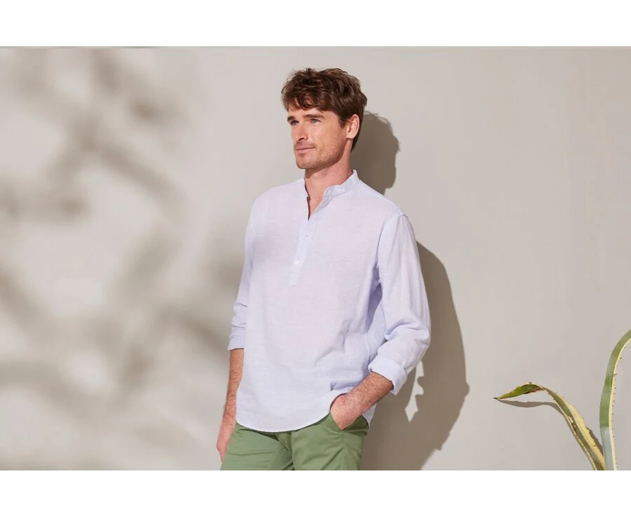 Chemise Tunique Coton Lin à Rayures Fines Bleues Et Blanches - VALBERT 5 Chemise Tunique Coton Lin à Rayures Fines Bleues Et Blanches - VALBERT – Image 3