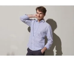 Chemise Coton Lin Rayée Bleue Foncée Et Blanche - SIMONIN -Boutique Pop Mey Edlich 0152700f simonin bleu ocean et blanc 3 1