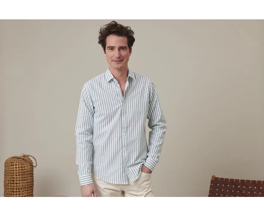 Chemise Coton Lin Rayée Verte Et Blanche - SIMONIN 3 Chemise Coton Lin Rayée Verte Et Blanche - SIMONIN