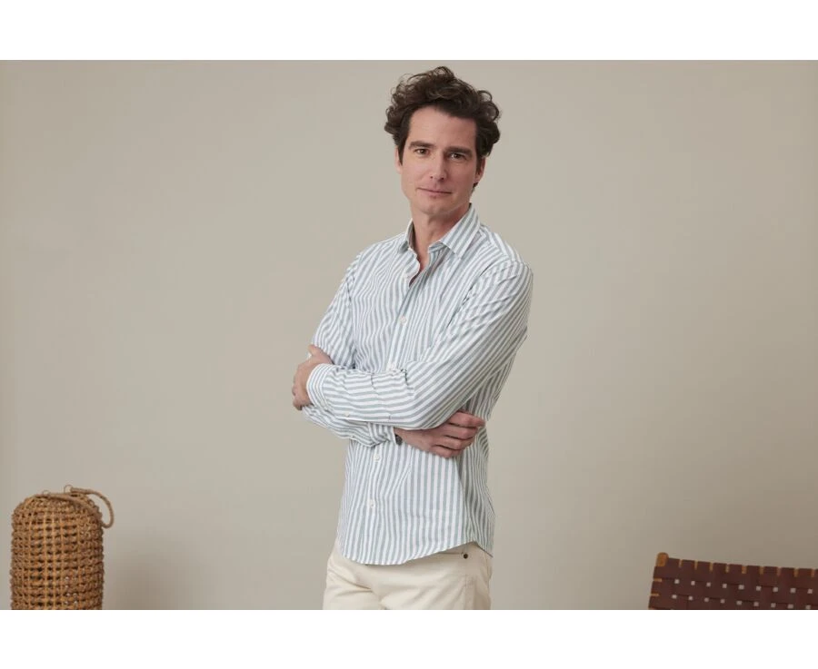 Chemise Coton Lin Rayée Verte Et Blanche - SIMONIN 5 Chemise Coton Lin Rayée Verte Et Blanche - SIMONIN – Image 3