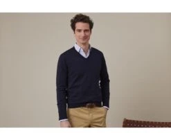 Pull Fin Homme Col V Coton Bio/cachemire Navy - VALTON