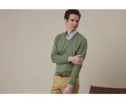 Pull Fin Homme Col V Coton Bio/cachemire Sauge Chiné - VALTON