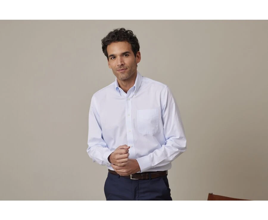 Chemise Bleu Clair En Coton Simple Fil - Col Américain - CADEN 3 Chemise Bleu Clair En Coton Simple Fil - Col Américain - CADEN