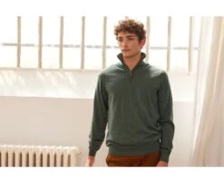 Pull Col Zippé Homme Vert Chiné - VLARINOS