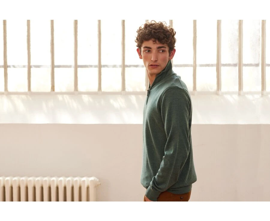 Pull Col Zippé Homme Vert Chiné - VLARINOS 3 Pull Col Zippé Homme Vert Chiné - VLARINOS – Image 2