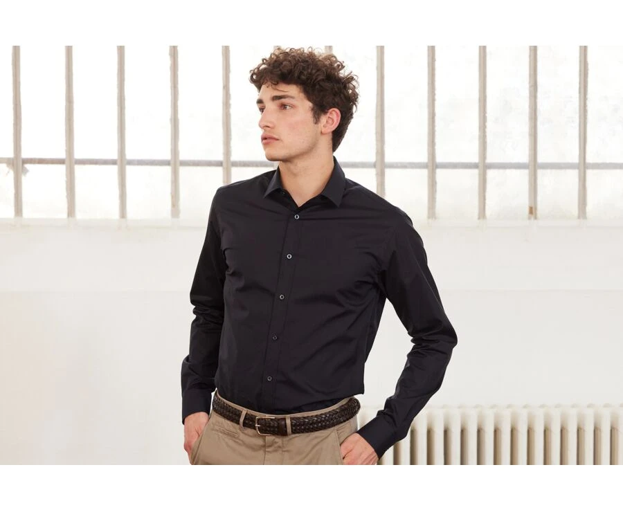 Chemise Noire Coton Popeline - Col Français - LOUIS 4 Chemise Noire Coton Popeline - Col Français - LOUIS – Image 2